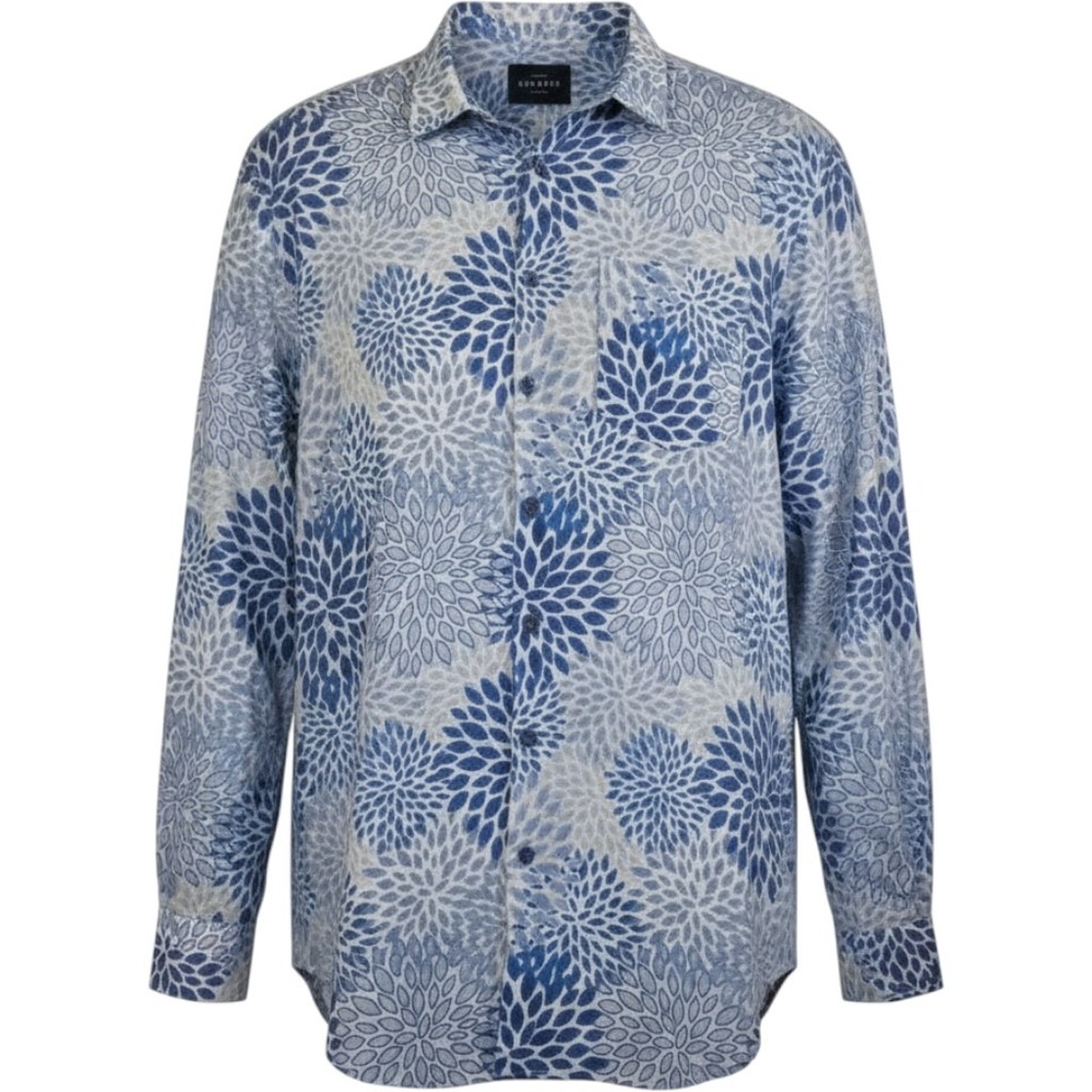 Escales Paris Mens Blue White Floral Burst Cotton Button Down Shirt L Portugal